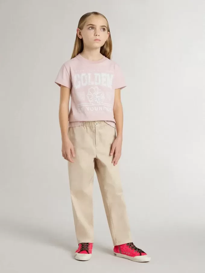 Pantaloni bej din bumbac pentru fete, cu broderie Pantaloni bej din bumbac pentru fete, cu broderie