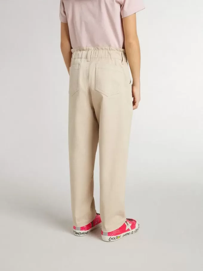 Pantaloni bej din bumbac pentru fete, cu broderie Pantaloni bej din bumbac pentru fete, cu broderie