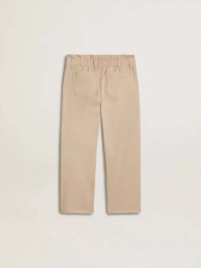 Pantaloni bej din bumbac pentru fete, cu broderie Pantaloni bej din bumbac pentru fete, cu broderie
