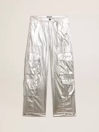 Pantaloni cargo din țesătură tehnică argintie