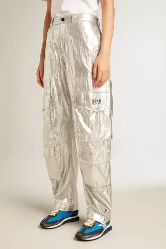 Pantaloni cargo din țesătură tehnică argintie