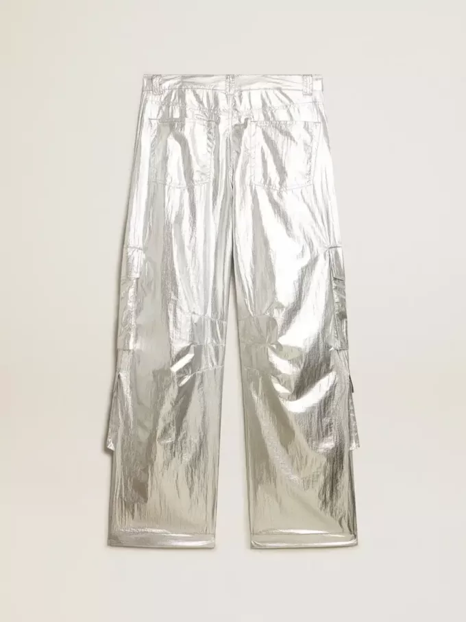 Pantaloni cargo din țesătură tehnică argintie Pantaloni cargo din țesătură tehnică argintie