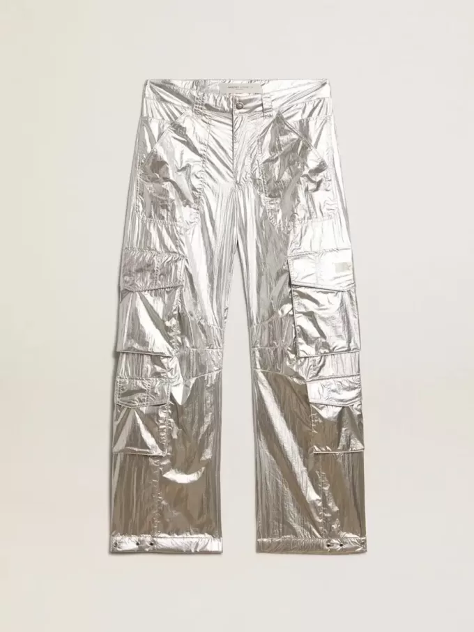 Pantaloni cargo pentru bărbați din țesătură tehnică argintie Pantaloni cargo pentru bărbați din țesătură tehnică argintie