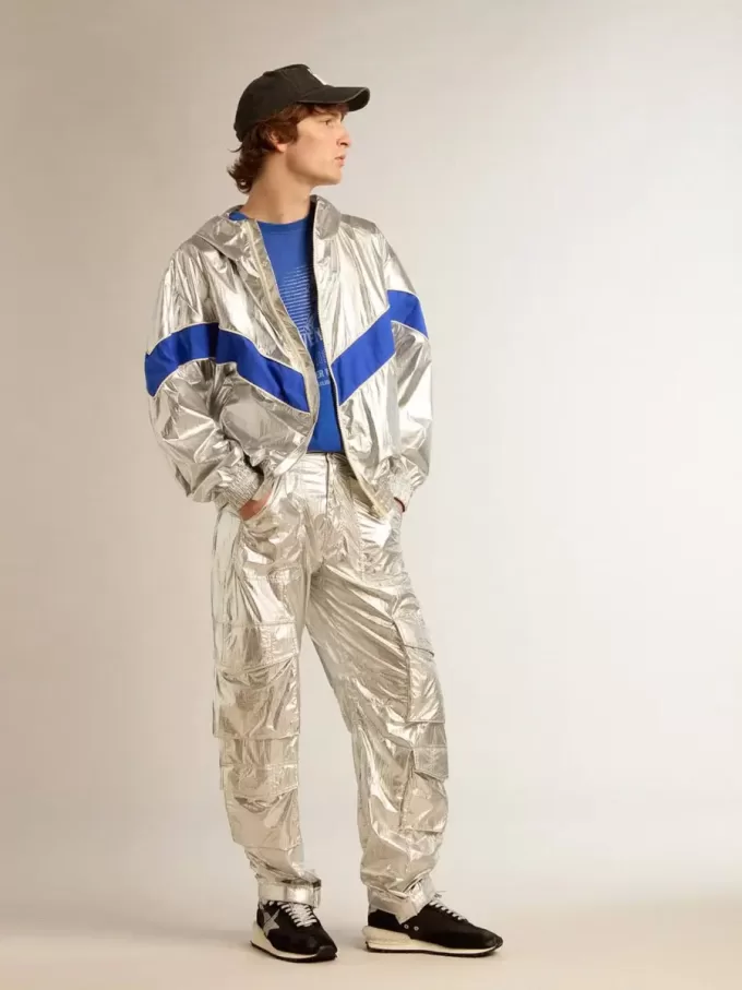 Pantaloni cargo pentru bărbați din țesătură tehnică argintie Pantaloni cargo pentru bărbați din țesătură tehnică argintie