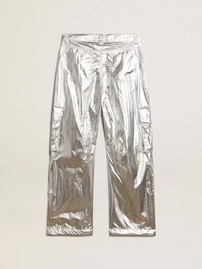 Pantaloni cargo pentru bărbați din țesătură tehnică argintie Pantaloni cargo pentru bărbați din țesătură tehnică argintie