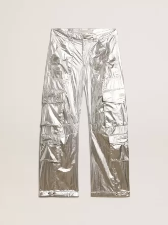 Pantaloni cargo pentru femei din țesătură tehnică argintie Pantaloni cargo pentru femei din țesătură tehnică argintie