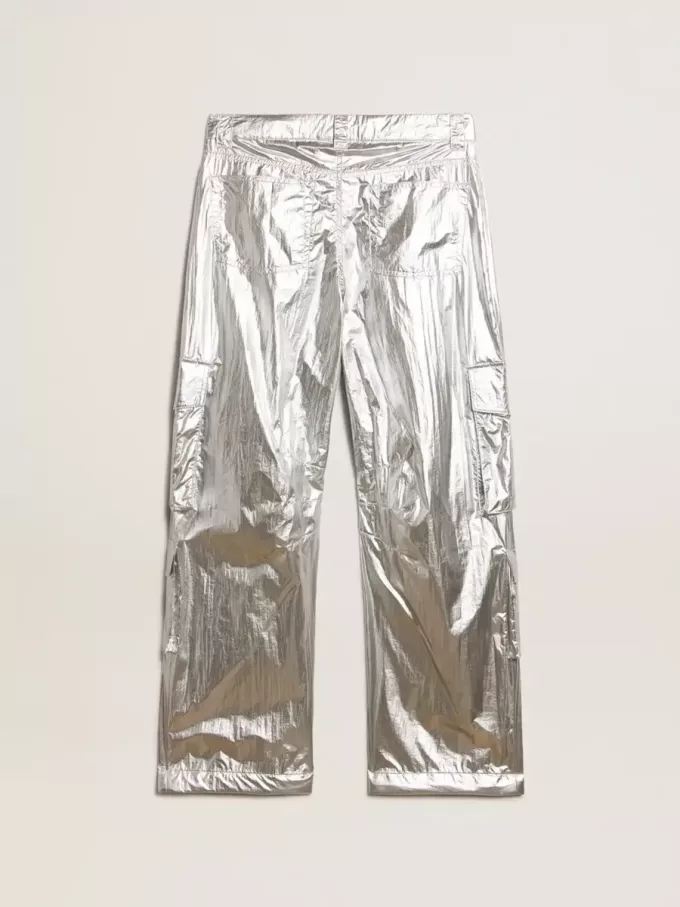 Pantaloni cargo pentru femei din țesătură tehnică argintie Pantaloni cargo pentru femei din țesătură tehnică argintie
