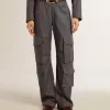 Pantaloni cargo pentru femei din lână albastru deschis Pantaloni cargo pentru femei din lână albastru deschis