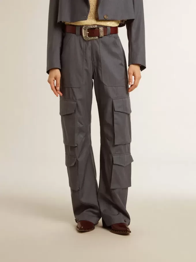 Pantaloni cargo pentru femei din lână albastru deschis Pantaloni cargo pentru femei din lână albastru deschis