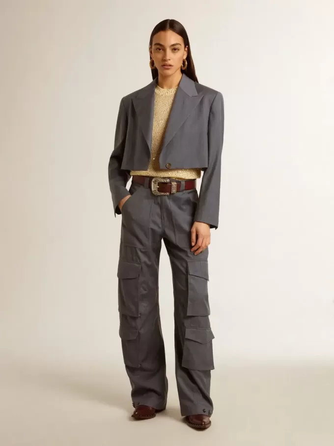 Pantaloni cargo pentru femei din lână albastru deschis Pantaloni cargo pentru femei din lână albastru deschis