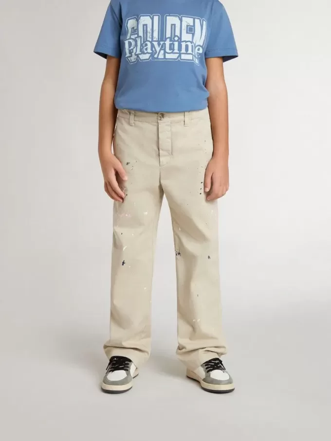 Pantaloni chino bej pentru copii, cu pete multicolore