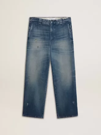 Pantaloni chino din denim pentru bărbați, cu detalii uzate Pantaloni chino din denim pentru bărbați, cu detalii uzate