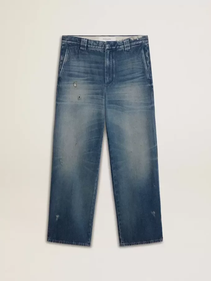 Pantaloni chino din denim pentru bărbați, cu detalii uzate