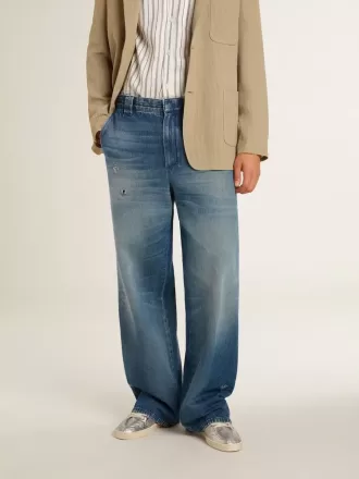 Pantaloni chino din denim pentru bărbați, cu detalii uzate Pantaloni chino din denim pentru bărbați, cu detalii uzate