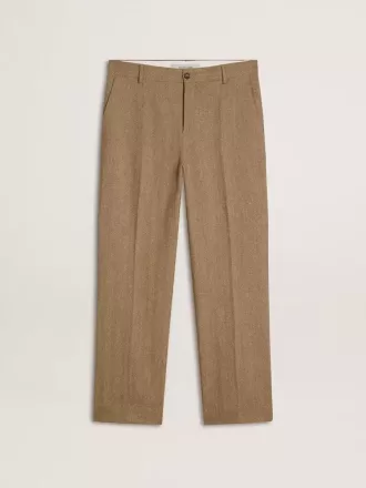 Pantaloni croiți din amestec de in de culoare nisipiu, cu model chevron