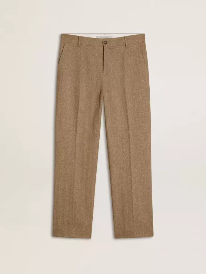 Pantaloni croiți din amestec de in de culoare nisipiu, cu model chevron
