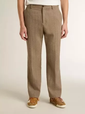 Pantaloni croiți din amestec de in de culoare nisipiu, cu model chevron
