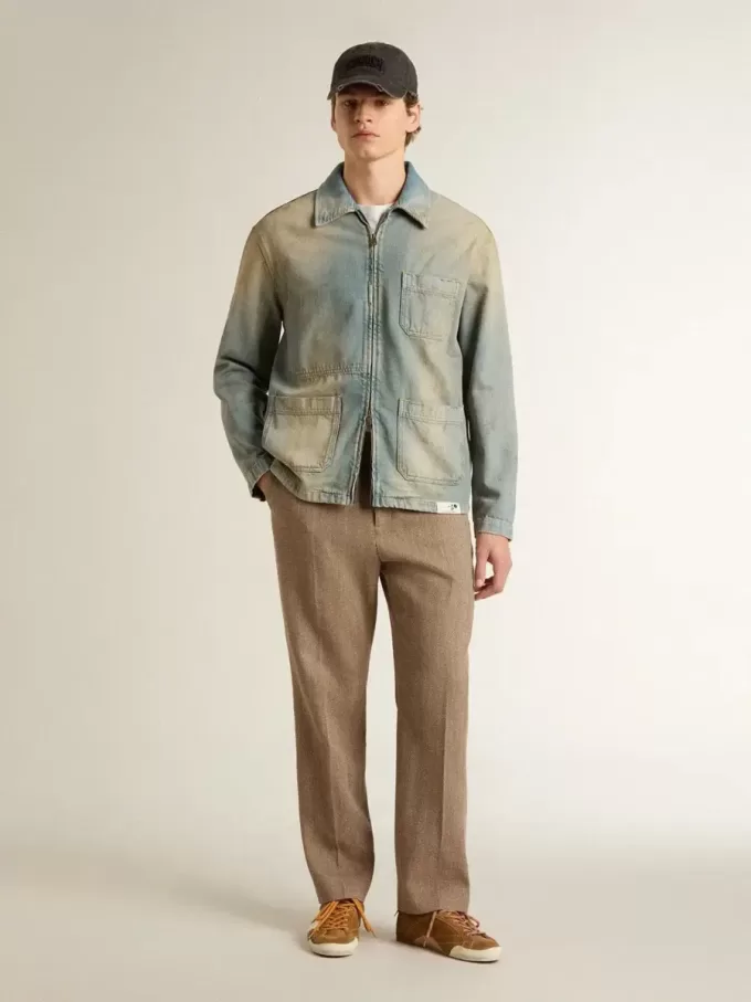 Pantaloni croiți din amestec de in de culoare nisipiu, cu model chevron