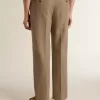 Pantaloni croiți din amestec de in de culoare nisipiu, cu model chevron