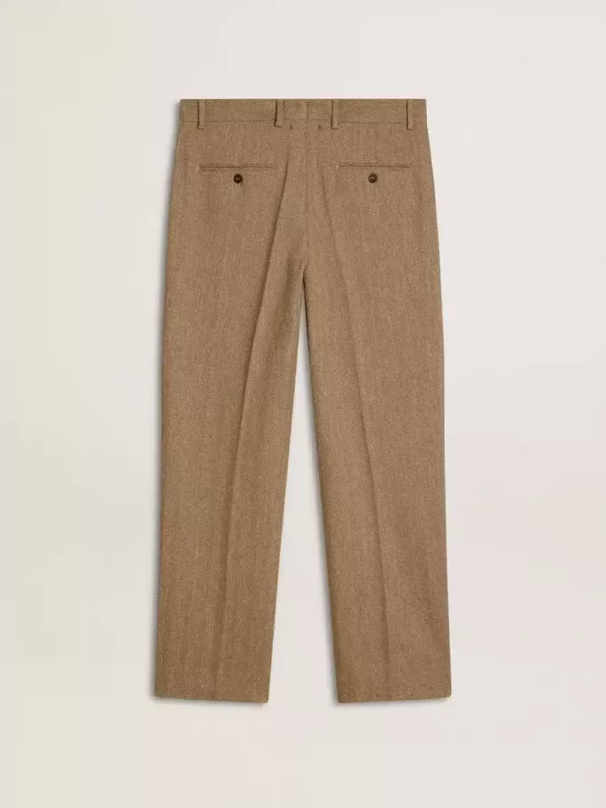 Pantaloni croiți din amestec de in de culoare nisipiu, cu model chevron