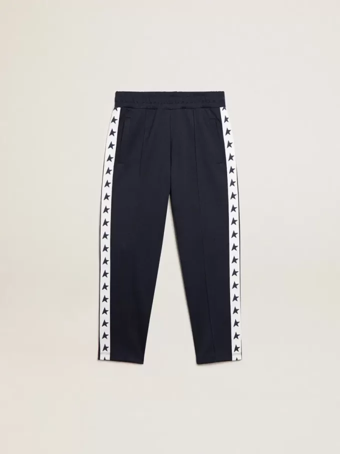 Pantaloni de jogging albastru închis cu dungă albă și stele contrastante Pantaloni de jogging albastru închis cu dungă albă și stele contrastante
