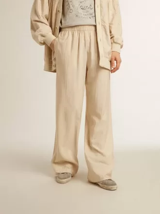 Pantaloni de jogging din mătase și viscoză bej deschis pentru femei