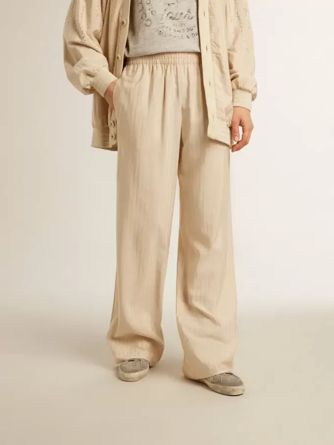 Pantaloni de jogging din mătase și viscoză bej deschis pentru femei Pantaloni de jogging din mătase și viscoză bej deschis pentru femei