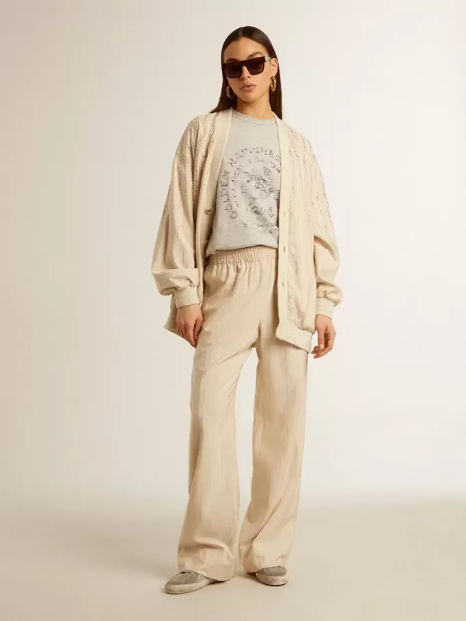 Pantaloni de jogging din mătase și viscoză bej deschis pentru femei Pantaloni de jogging din mătase și viscoză bej deschis pentru femei