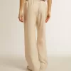 Pantaloni de jogging din mătase și viscoză bej deschis pentru femei Pantaloni de jogging din mătase și viscoză bej deschis pentru femei