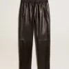 Pantaloni de jogging negri din piele nappa cu fermoar la bază Pantaloni de jogging negri din piele nappa cu fermoar la bază