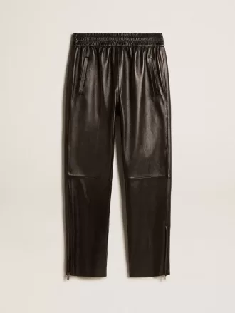 Pantaloni de jogging negri din piele nappa cu fermoar la bază