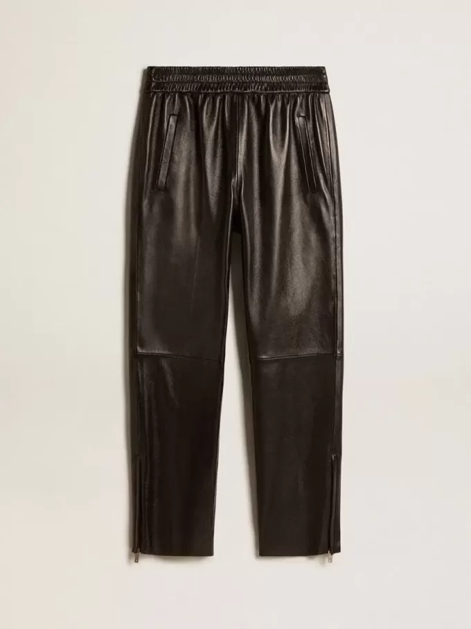 Pantaloni de jogging negri din piele nappa cu fermoar la bază Pantaloni de jogging negri din piele nappa cu fermoar la bază