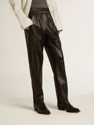 Pantaloni de jogging negri din piele nappa cu fermoar la bază