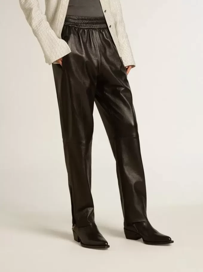 Pantaloni de jogging negri din piele nappa cu fermoar la bază Pantaloni de jogging negri din piele nappa cu fermoar la bază
