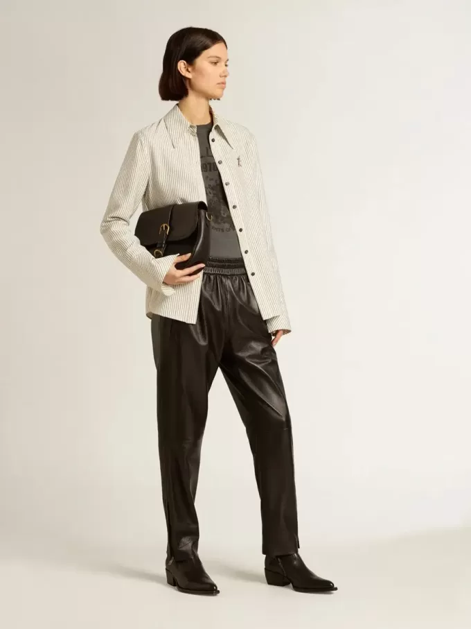 Pantaloni de jogging negri din piele nappa cu fermoar la bază Pantaloni de jogging negri din piele nappa cu fermoar la bază