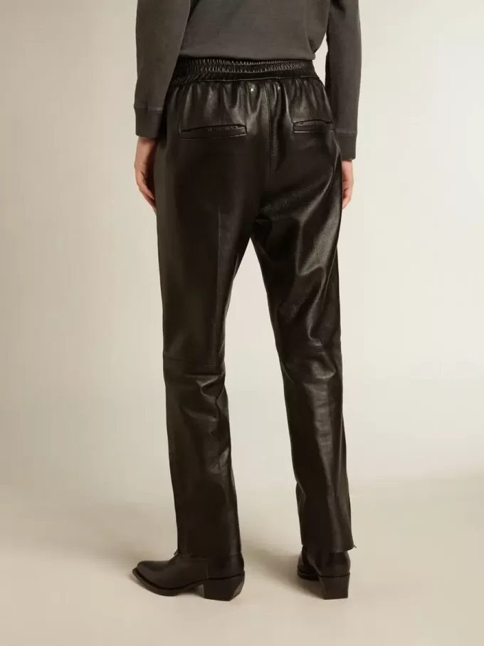 Pantaloni de jogging negri din piele nappa cu fermoar la bază Pantaloni de jogging negri din piele nappa cu fermoar la bază