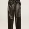 Pantaloni de jogging negri din piele nappa cu fermoar la bază Pantaloni de jogging negri din piele nappa cu fermoar la bază