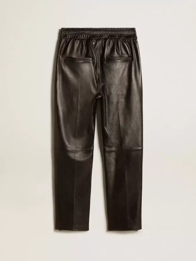 Pantaloni de jogging negri din piele nappa cu fermoar la bază Pantaloni de jogging negri din piele nappa cu fermoar la bază