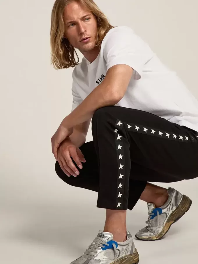 Pantaloni de jogging negri pentru bărbați, cu stele albe pe laterale Pantaloni de jogging negri pentru bărbați, cu stele albe pe laterale