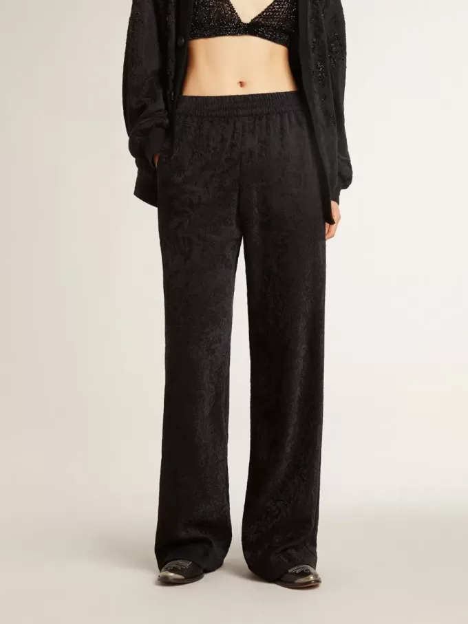 Pantaloni de jogging negri pentru femei, cu imprimeu toile de jouy ton pe ton Pantaloni de jogging negri pentru femei, cu imprimeu toile de jouy ton pe ton