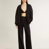 Pantaloni de jogging negri pentru femei, cu imprimeu toile de jouy ton pe ton Pantaloni de jogging negri pentru femei, cu imprimeu toile de jouy ton pe ton