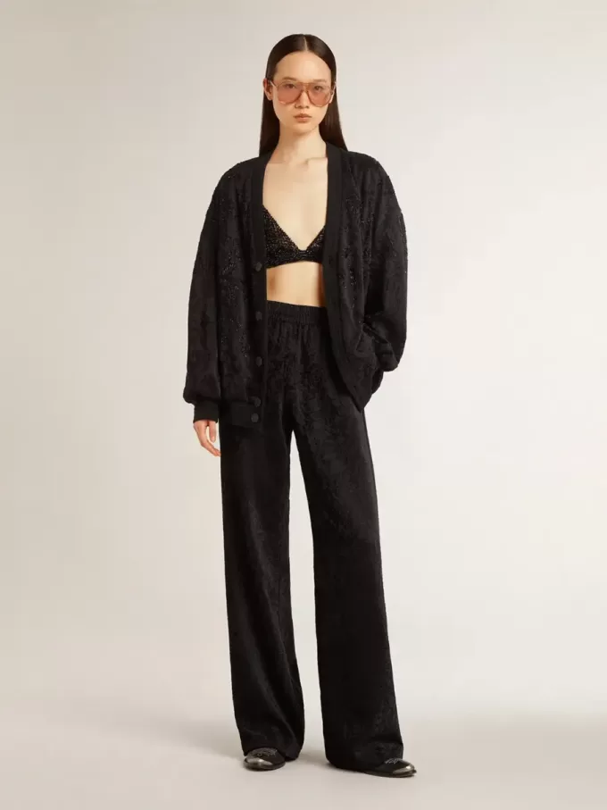 Pantaloni de jogging negri pentru femei, cu imprimeu toile de jouy ton pe ton Pantaloni de jogging negri pentru femei, cu imprimeu toile de jouy ton pe ton