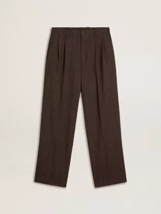 Pantaloni de jogging pentru bărbați din lână maro închis cu model cu dungi subțiri