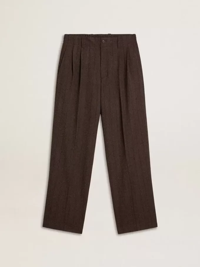Pantaloni de jogging pentru bărbați din lână maro închis cu model cu dungi subțiri Pantaloni de jogging pentru bărbați din lână maro închis cu model cu dungi subțiri