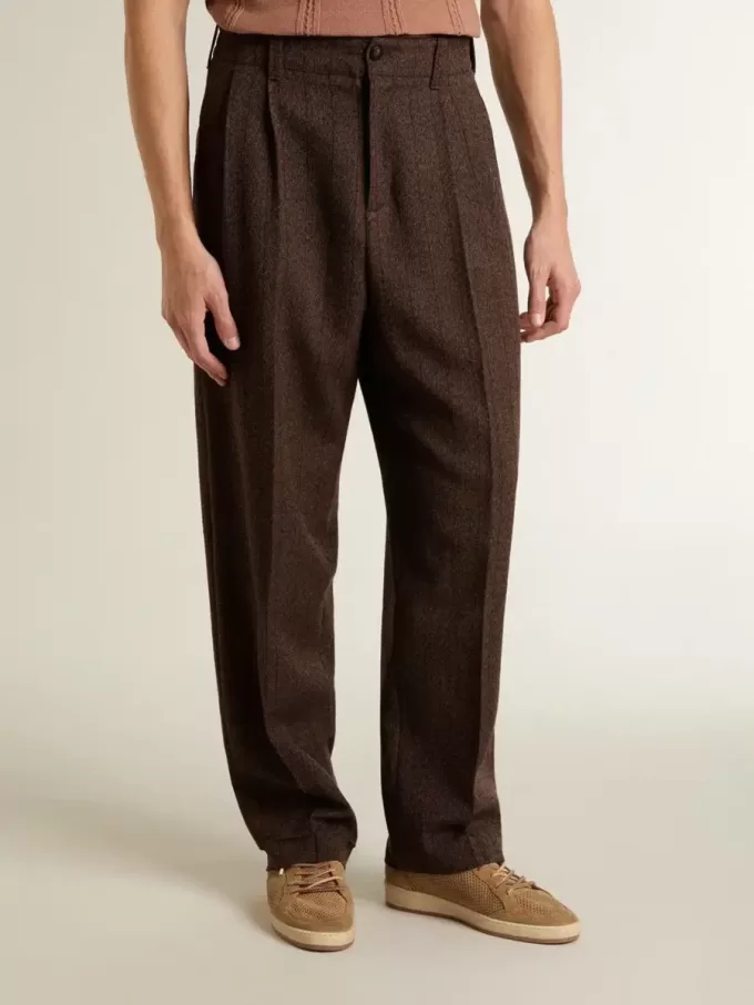 Pantaloni de jogging pentru bărbați din lână maro închis cu model cu dungi subțiri Pantaloni de jogging pentru bărbați din lână maro închis cu model cu dungi subțiri