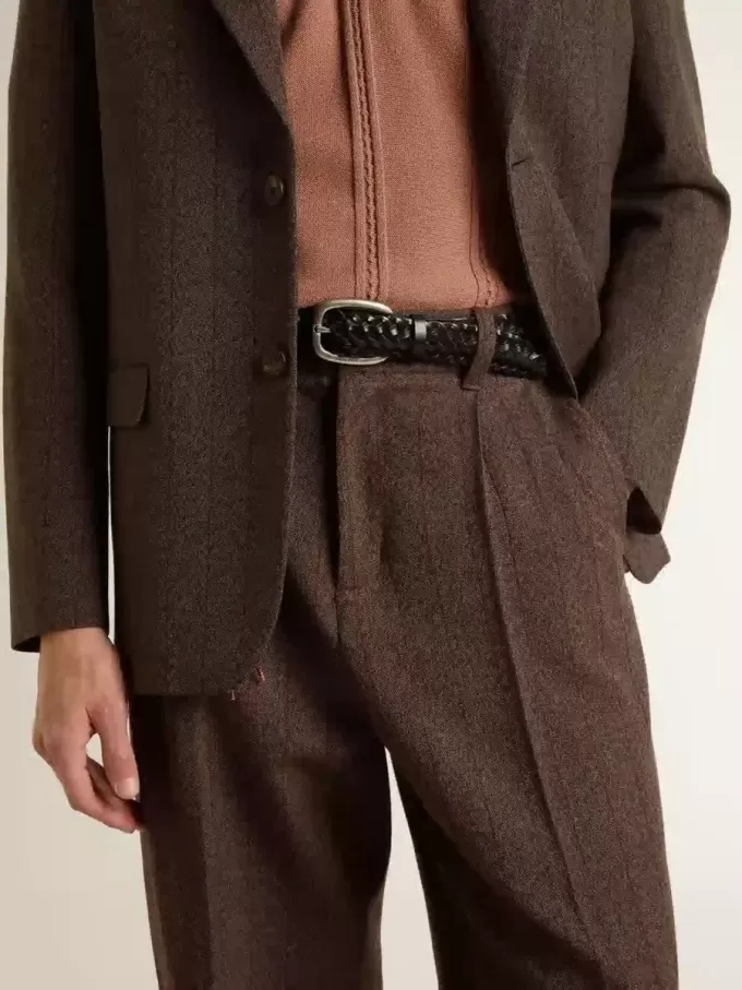 Pantaloni de jogging pentru bărbați din lână maro închis cu model cu dungi subțiri Pantaloni de jogging pentru bărbați din lână maro închis cu model cu dungi subțiri