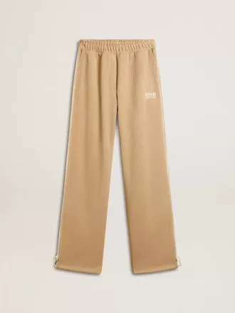 Pantaloni de jogging pentru femei, de culoare bej deschis, cu logo alb
