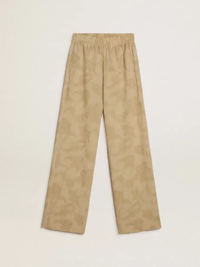 Pantaloni de pijama pentru femei din jacquard bej cu model floral
