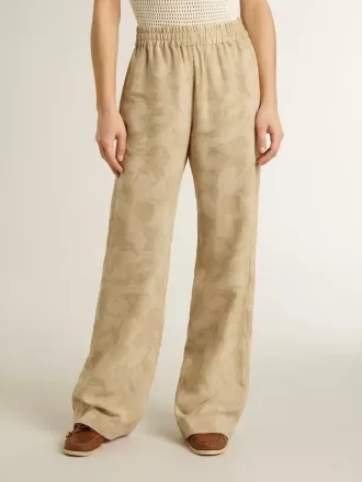 Pantaloni de pijama pentru femei din jacquard bej cu model floral