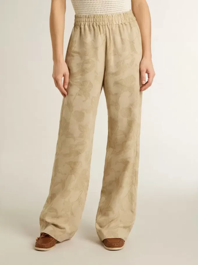 Pantaloni de pijama pentru femei din jacquard bej cu model floral